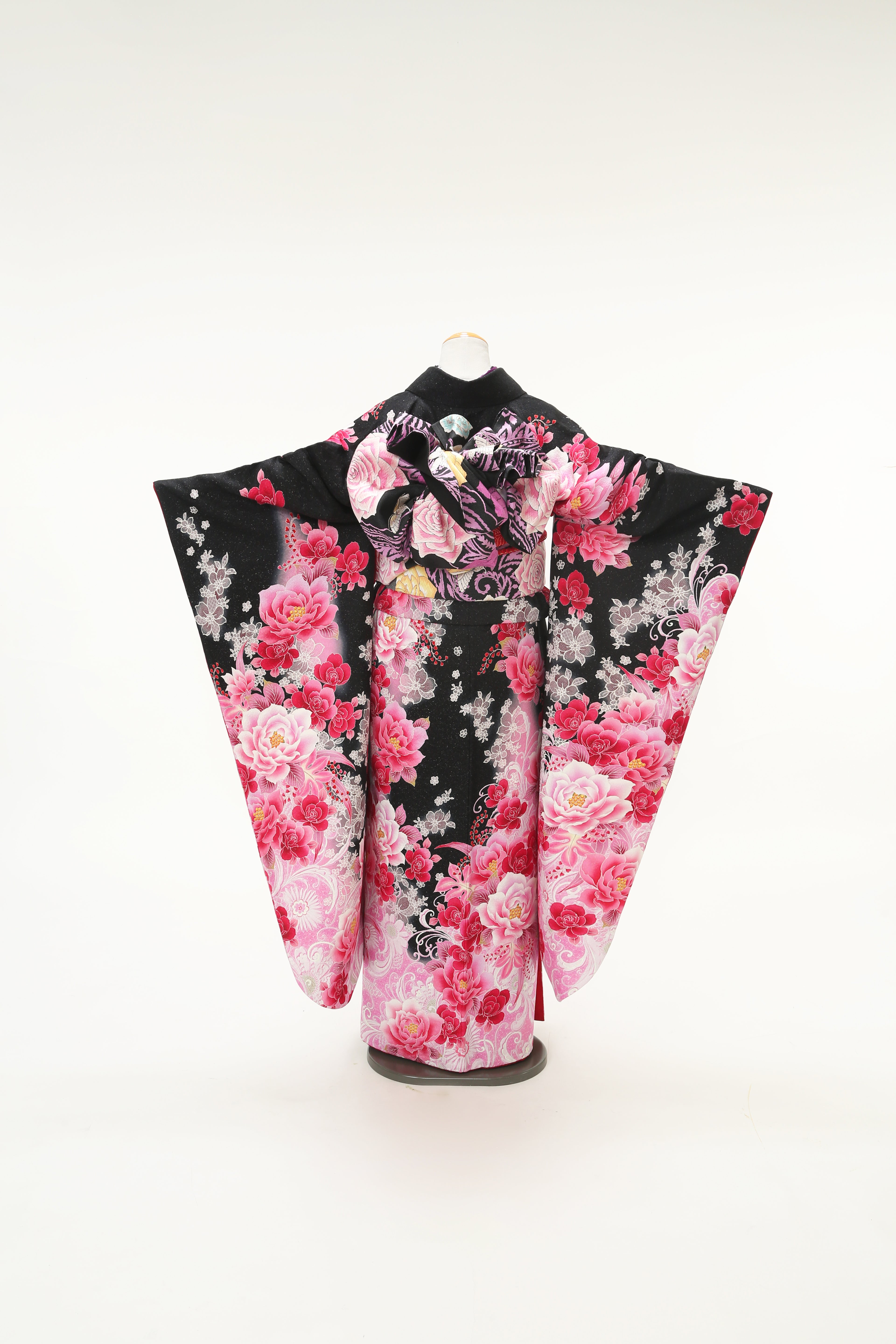 振袖成人式用 - 最大1ヶ月レンタル】黒裾ピンクぼかしバラ