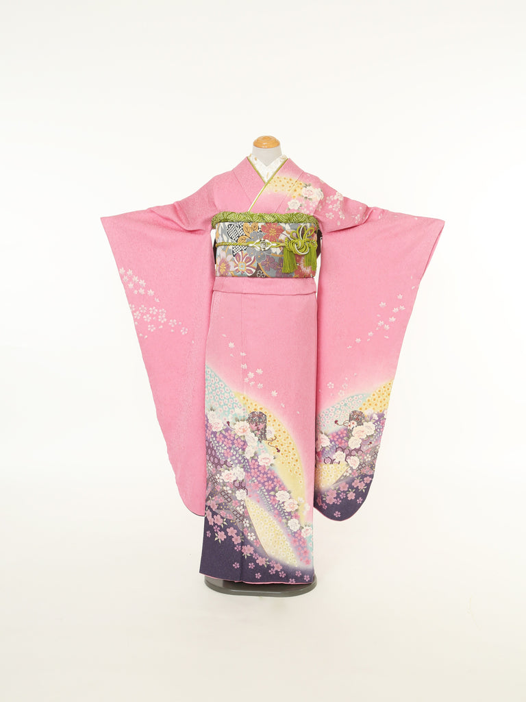 振袖成人式用 - 最大1ヶ月レンタル】ピンク地黄紫ぼかし亀甲桜 